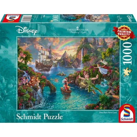 A colourful jigsaw puzzle featuring Peter Pan, Wendy, and the Lost Boys flying over London toward Neverland in the signature Thomas Kinkade style
