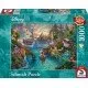 A colourful jigsaw puzzle featuring Peter Pan, Wendy, and the Lost Boys flying over London toward Neverland in the signature Thomas Kinkade style