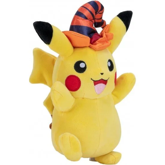 Halloween Pikachu Plush An 8-inch Pokémon Pikachu plush toy wearing a unique witch hat for Halloween. The plush is made from a soft material and has authentic details.