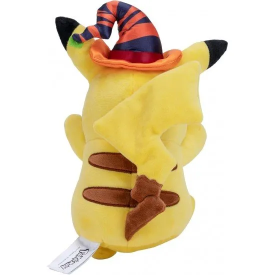 Halloween Pikachu Plush An 8-inch Pokémon Pikachu plush toy wearing a unique witch hat for Halloween. The plush is made from a soft material and has authentic details.