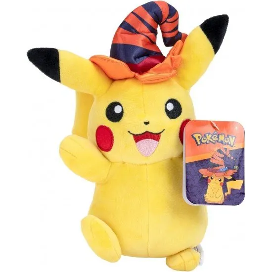 Halloween Pikachu Plush An 8-inch Pokémon Pikachu plush toy wearing a unique witch hat for Halloween. The plush is made from a soft material and has authentic details.