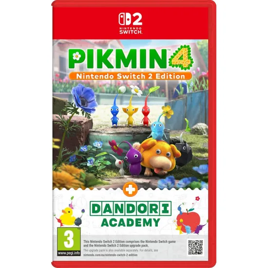 Nintendo Switch 2 game case for Pikmin 4 Nintendo Switch 2 Edition showing Rescue Pup Oatchi, red, blue, and yellow Pikmin in a 4K garden setting