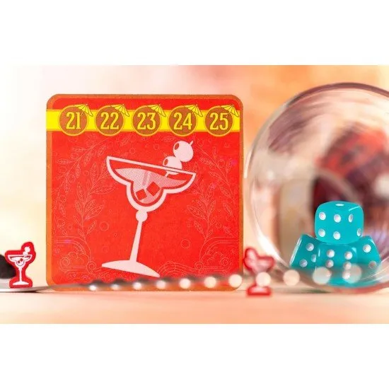 Piña Coladice game box showing a vibrant tropical beach scene with dice and cocktails