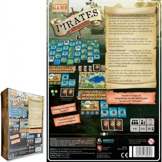 The box art for the Pirates of Maracaibo board game, showing a pirate ship on the high seas with a map in the background.