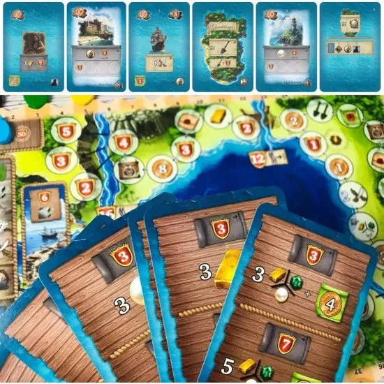 The box art for the Pirates of Maracaibo board game, showing a pirate ship on the high seas with a map in the background.