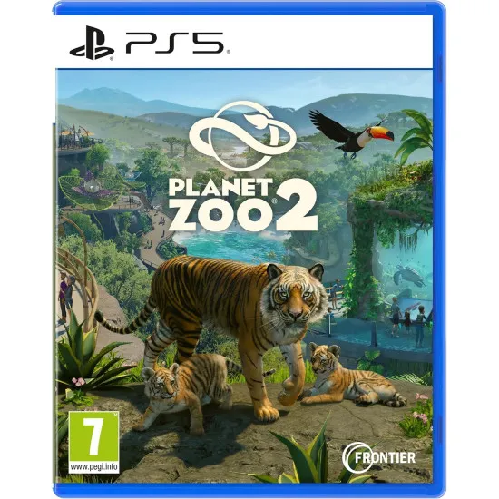 PlayStation 5 game case for Planet Zoo 2 displaying lions, sea turtles, toucans, and custom zoo habitats