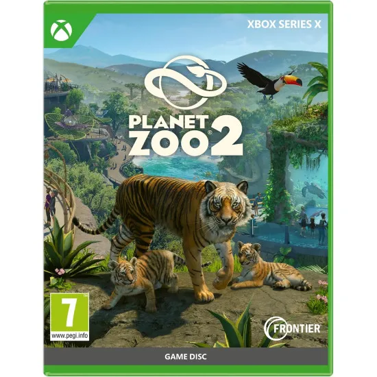 Xbox Series X game case for Planet Zoo 2 showing diverse animal species including birds, sharks, and land mammals