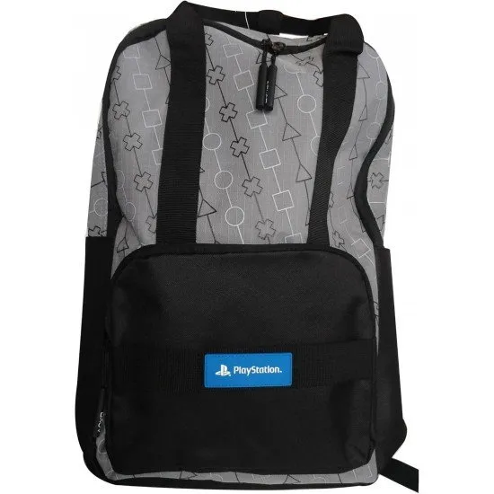 Playstation Backpack with Handle showing the all-over print of the iconic Playstation symbols and the padded laptop sleeve feature