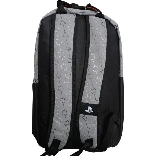 Playstation Backpack with Handle showing the all-over print of the iconic Playstation symbols and the padded laptop sleeve feature