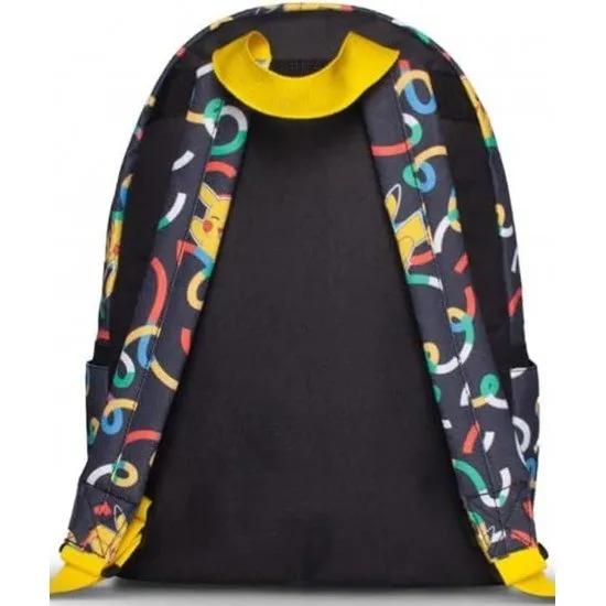 Pokémon Pikachu Confetti Mini Backpack showing the vibrant all-over sublimation print and the 3D embroidered Poké Ball on the front pocket
