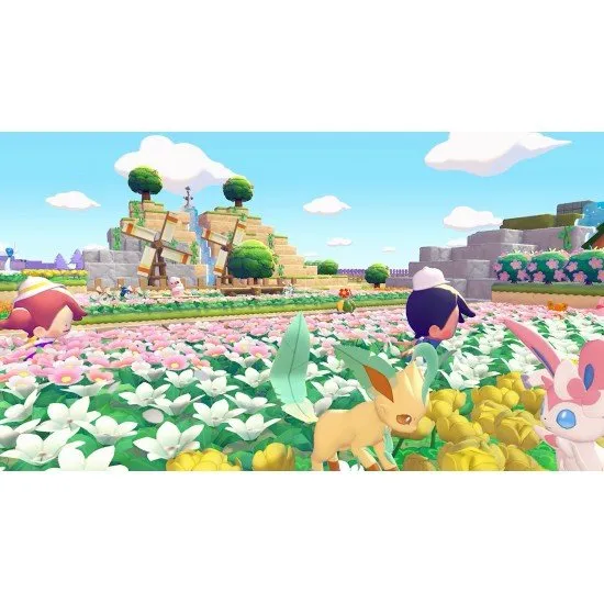 Pokémon Pokopia game cover showing the human protagonist (Ditto) using Pokémon moves to grow plants in a cozy, colourful village setting