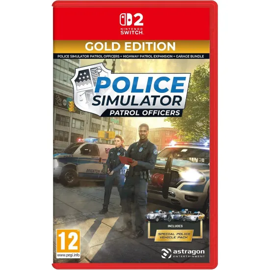 Nintendo Switch 2 game packaging for Police Simulator Patrol Officers Gold Edition showcasing police patrol vehicles and officer uniforms in Brighton city