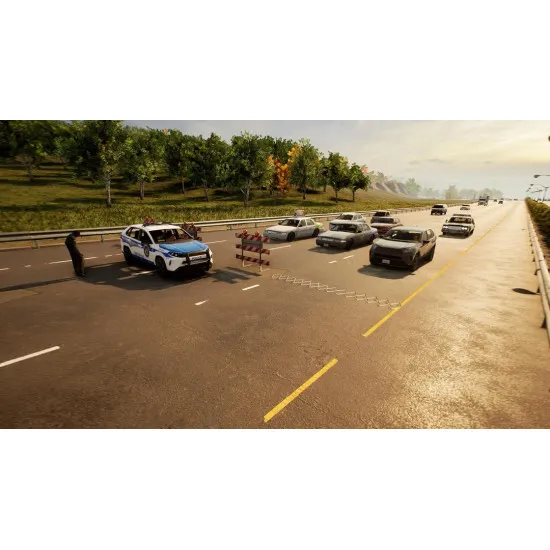 Nintendo Switch 2 game packaging for Police Simulator Patrol Officers Gold Edition showcasing police patrol vehicles and officer uniforms in Brighton city