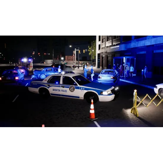 Nintendo Switch 2 game packaging for Police Simulator Patrol Officers Gold Edition showcasing police patrol vehicles and officer uniforms in Brighton city