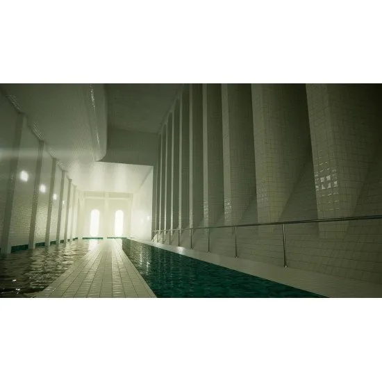 A sterile, white-tiled indoor swimming pool with unnaturally still water and arched doorways