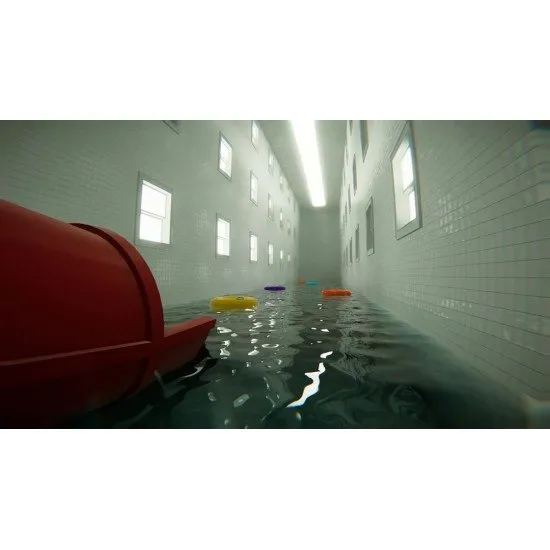 A sterile, white-tiled indoor swimming pool with unnaturally still water and arched doorways