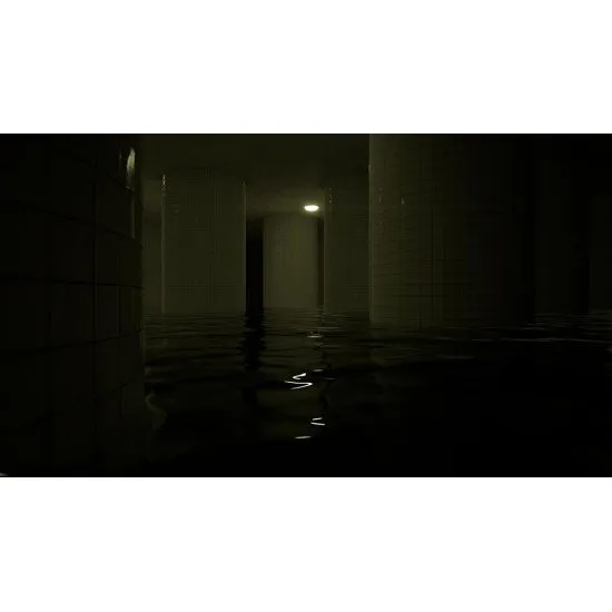 A sterile, white-tiled indoor swimming pool with unnaturally still water and arched doorways