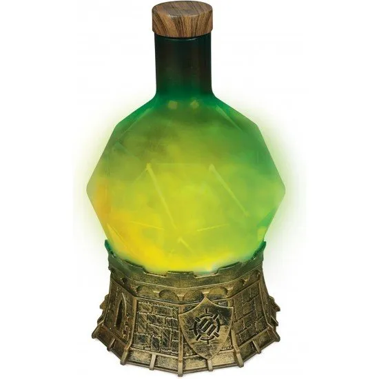 A glowing green potion bottle shaped like a d20 die sitting atop a detailed stone-coloured castle base with swirling mist inside