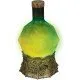 A glowing green potion bottle shaped like a d20 die sitting atop a detailed stone-coloured castle base with swirling mist inside