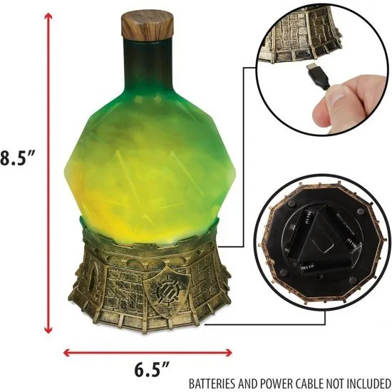 A glowing green potion bottle shaped like a d20 die sitting atop a detailed stone-coloured castle base with swirling mist inside