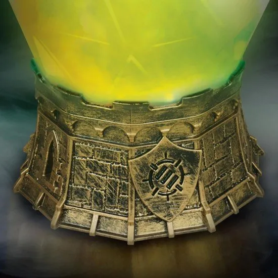 A glowing green potion bottle shaped like a d20 die sitting atop a detailed stone-coloured castle base with swirling mist inside