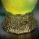 A glowing green potion bottle shaped like a d20 die sitting atop a detailed stone-coloured castle base with swirling mist inside