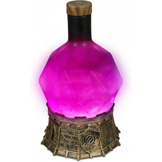 A d20-shaped glass bottle containing glowing purple liquid with a swirling mist effect sitting on a grey stone castle base