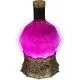 A d20-shaped glass bottle containing glowing purple liquid with a swirling mist effect sitting on a grey stone castle base