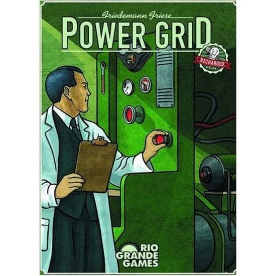 Power Grid Recharged board game box featuring a landscape of cooling towers and electrical pylons
