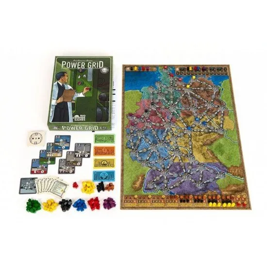 Power Grid Recharged board game box featuring a landscape of cooling towers and electrical pylons