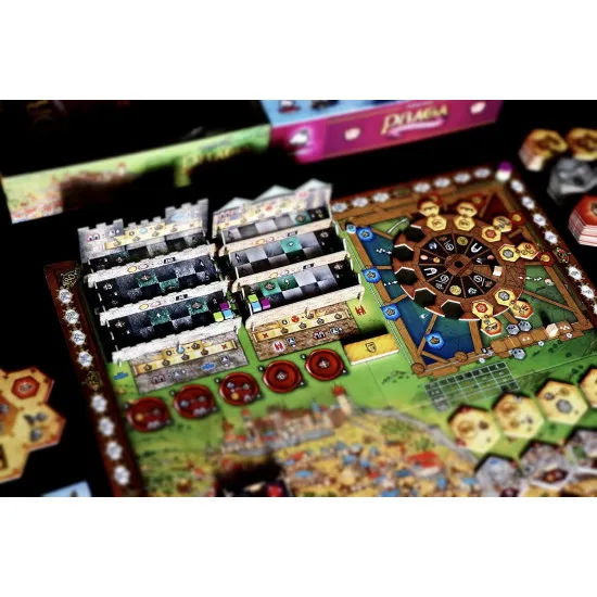Praga Caput Regni board game box featuring medieval Prague cityscape artwork with King Charles and construction project illustrations