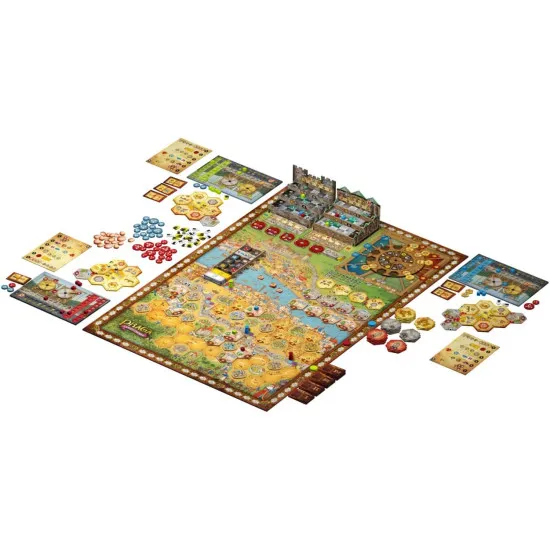 Praga Caput Regni board game box featuring medieval Prague cityscape artwork with King Charles and construction project illustrations