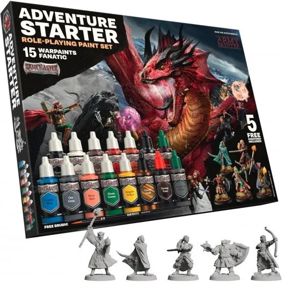 GameMaster RPG Paint Set GameMaster Adventure Starter paint set box with miniatures, paints, a brush, and a guide.