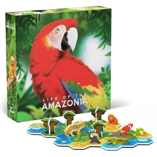 Life of The Amazonia Board Game The box art for the "Life of The Amazonia" board game, showing toucans and other animals in a lush rainforest scene.