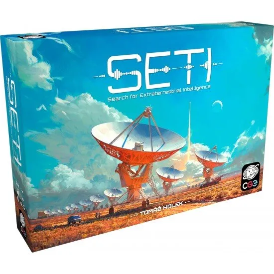 The box art for SETI: Search for Extraterrestrial Intelligence, showing a futuristic telescope, probes, and planets.