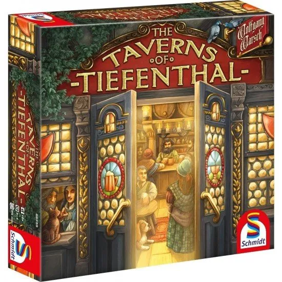 The Taverns of Tiefenthal Board Game The box art for The Taverns of Tiefenthal, showing a busy tavern and the game's dice and cards.