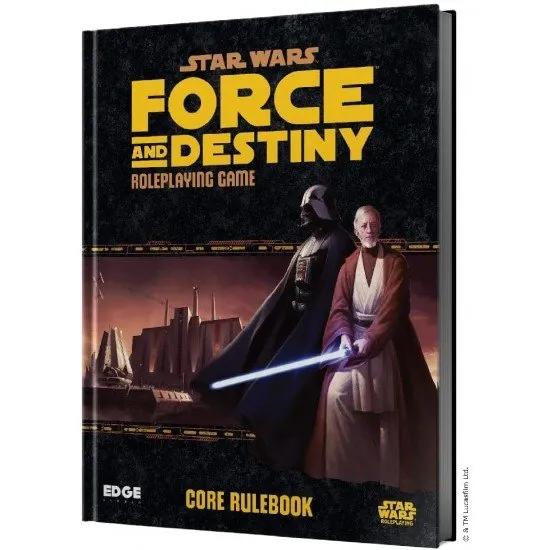 Star Wars Force and Destiny RPG The cover of the Star Wars Force and Destiny RPG: Core Rulebook, featuring a Jedi-like character with a lightsaber on a path leading through a dark, foggy forest.
