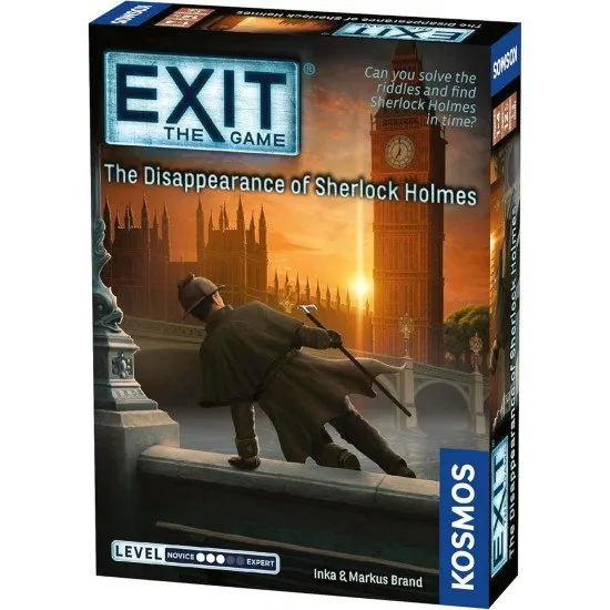EXiT The Disappearance of Sherlock Holmes The box art for the EXiT: The Disappearance of Sherlock Holmes card game, showing a magnifying glass, a compass, and other Sherlock Holmes-themed clues on a vintage map.