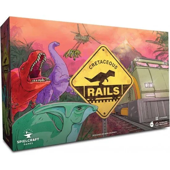 Cretaceous Rails Board Game The box art for the board game Cretaceous Rails, showing a futuristic train with tourists traveling through a prehistoric jungle filled with dinosaurs.