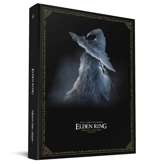 Elden Ring Book of Knowledge Volume 1 The cover of the Elden Ring - Book of Knowledge, Volume I, showing the art of the game with the title over a dark, detailed image of a character in the world.