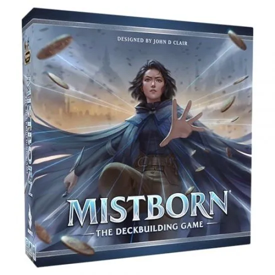 Mistborn The Deckbuilding Game The box art for Mistborn: The Deckbuilding Game, featuring a Mistborn character standing in a volcanic ash-filled city.