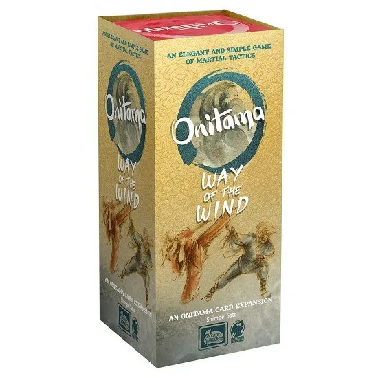 Onitama Way of the Wind Expansion The box art for the Onitama: Way of the Wind expansion, showing the new wind spirit game piece and several new move cards.
