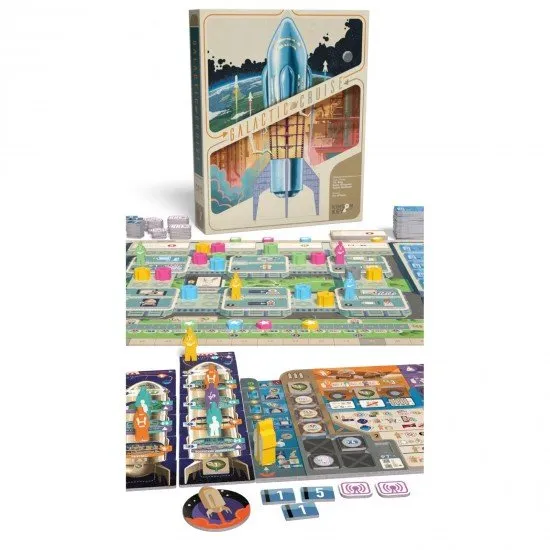 Galactic Cruise Board Game The box art for the board game Galactic Cruise, showing a luxurious space cruise ship with workers flying around it.