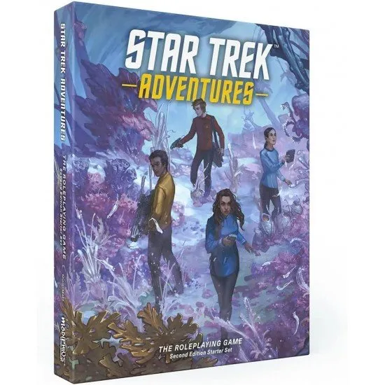 The box art for the Star Trek Adventures: The Roleplaying Game Starter Set, showing a starship and the included character and dice.