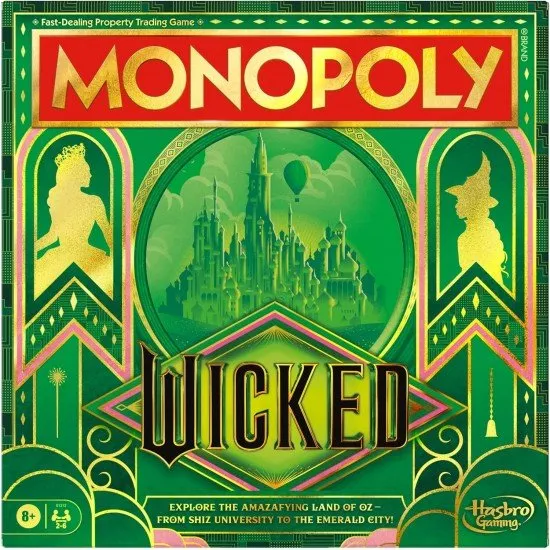 The box art for the Monopoly Wicked Edition board game, featuring characters from the film and custom golden game tokens.
