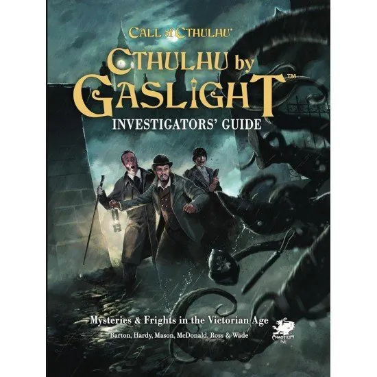 The cover of the Call of Cthulhu: Cthulhu by Gaslight Investigators Guide, showing a Victorian-era investigator holding a gas lamp in a foggy alley.