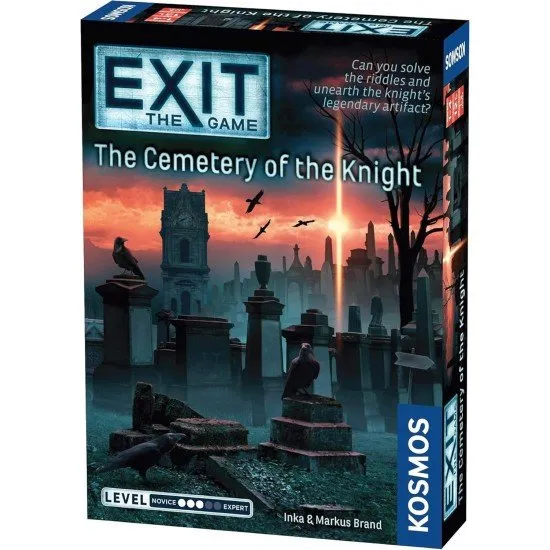 The box art for the board game EXIT: The Cemetery of the Knight, showing a group of people at the entrance of a mysterious cemetery.
