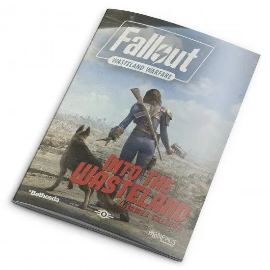 The box art for the Fallout: Wasteland Warfare - Into the Wasteland expansion, showing a survivor character fighting off a legendary creature.