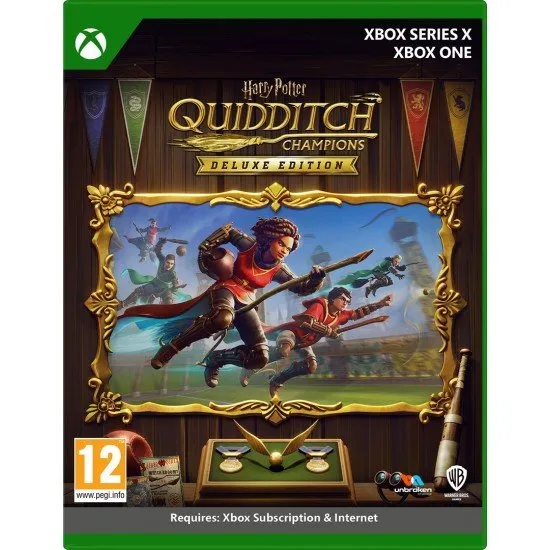 The box art for Harry Potter: Quidditch Champions - Deluxe Edition on Xbox, showing a character flying on a broomstick in a Quidditch arena.