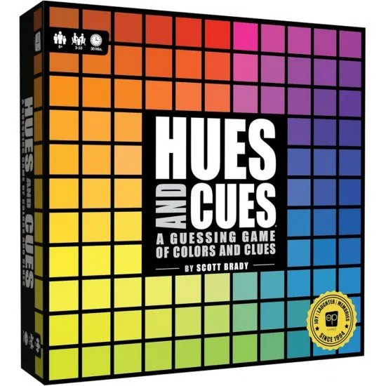 The box art for the Hues and Cues board game, featuring a colorful grid of hues with game pieces on it.